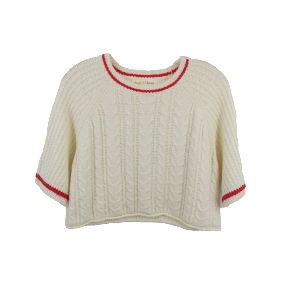 Sugar Moon White Cable Knit Cropped Pullover Sweater Red Trim Raglan Medium